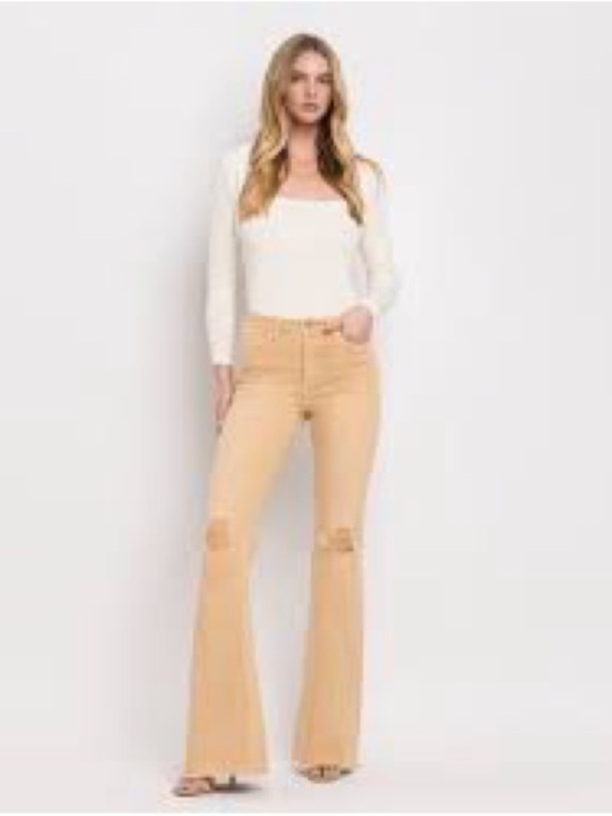 Vervet Denim - VINT High-Rise Flare Jeans in Washed Tan with Knee Distress